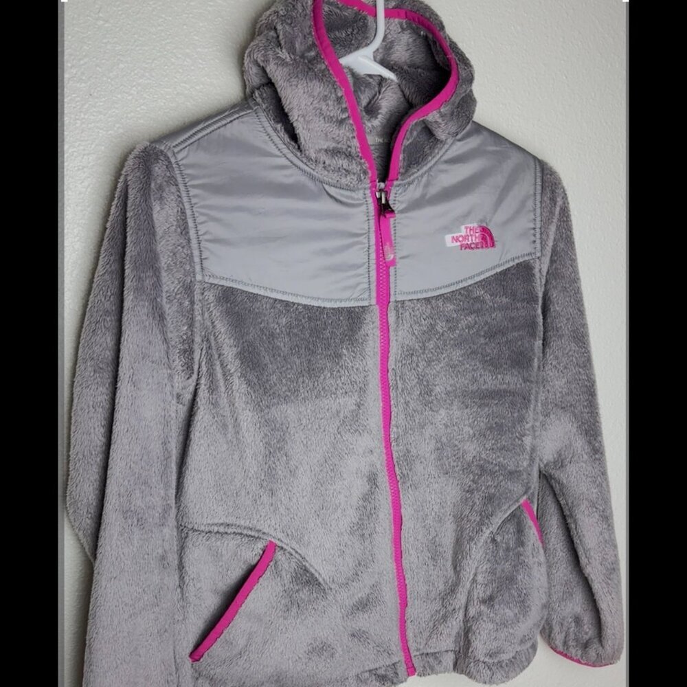 The North Face Girl's Osito Oso Hooded Jacket Coat Gray & Pink Size L Full Zip